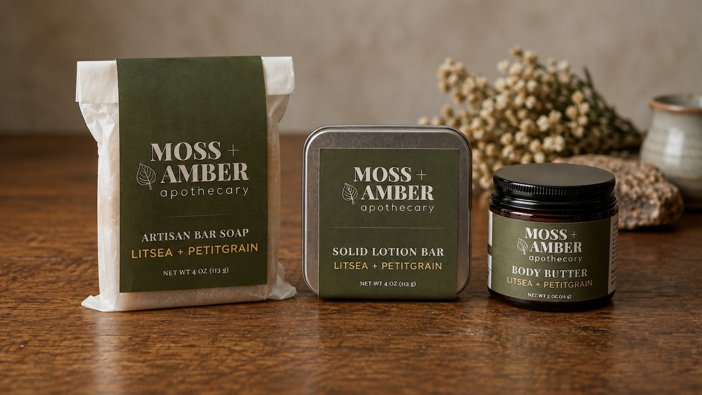 Moss + Amber Apothecary artisan soap, solid lotion bar, and body butter